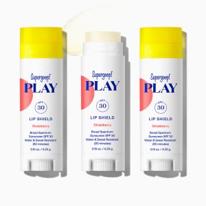 Supergoop! PLAY Lip Shield SPF 30 (Strawberry) 3-Pack - Water-Resistant Sunscreen Lip Balm with Avocado & Coconut Oil, Broad Spectrum UV Protection
