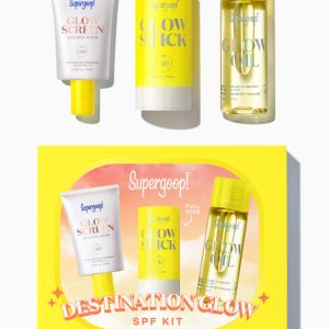 Supergoop! Destination Glow SPF Kit - 3 Travel-Sized Glowy Sunscreen Favorites for Face & Body, Limited Edition