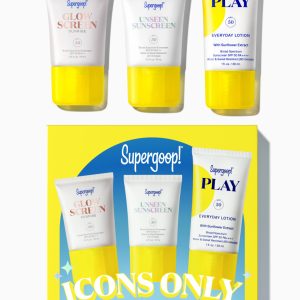 Supergoop! Icons Only SPF Bestsellers Kit - 3-Piece Travel Sunscreen Set with Glowscreen, Unseen & PLAY Everyday Lotion