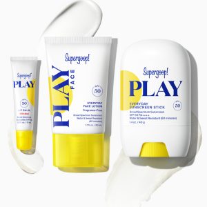 Supergoop! PLAY All-Day Sun Care Trio Kit - Face Lotion SPF 50 + Sunscreen Stick SPF 50 + Lip Balm SPF 30, Water & Sweat Resistant